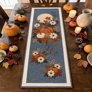 May include: A rectangular fabric table runner featuring a blue background with a quilted texture. The design displays printed illustrations of orange pumpkins, white pumpkins, autumn leaves in shades of red and gold, and white flowers.