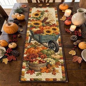 May include: A rectangular quilted table runner featuring a printed autumn harvest scene with a blue wooden wheelbarrow filled with sunflowers, pumpkins, and apples, surrounded by a border of small squares in shades of brown, orange, and cream.