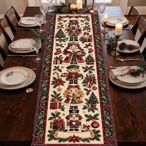 Nutcracker Christmas Quilted Table Runner, Toy Soldier Family and Festive Holly, Traditional Vintage Holiday Dining Table Centerpiece Gift