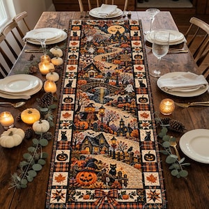 May include: A rectangular fabric table runner featuring a detailed Halloween scene with a winding path, haunted houses, jack-o'-lanterns, black cats, and ghosts. The border displays a plaid pattern with alternating squares of pumpkins and stars.
