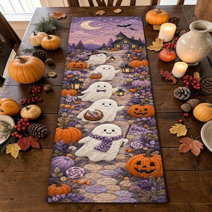 May include: A rectangular table runner featuring a quilted-style Halloween scene with five white ghosts walking along a stone path toward a haunted house. The design includes orange pumpkins, purple flowers, lanterns, and a flag with the text BOO!.