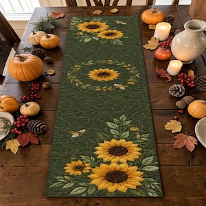 May include: A rectangular quilted table runner featuring a dark green background with a repeating pattern of yellow sunflowers, green leaves, and small bees. The fabric has visible stippled quilting stitches throughout the entire surface.