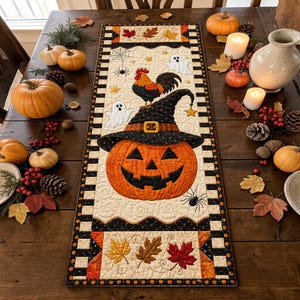 May include: A rectangular quilted table runner featuring a central jack-o'-lantern wearing a black witch hat topped with a rooster. The design includes white ghosts, spiders, and autumn leaves on a cream background with a black and white chequered border.