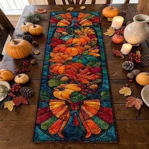 May include: A rectangular table runner featuring a vibrant stained-glass style print of turkeys, pumpkins, autumn leaves, and acorns in shades of orange, red, yellow, teal, and blue. The design is symmetrical with a turkey at each end.