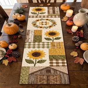 May include: A rectangular quilted table runner featuring a patchwork design of sunflowers, a barn, and checkered patterns in shades of yellow, green, and brown. The fabric displays detailed stitching and various autumn-themed motifs.