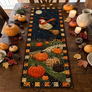 Witch Rooster Broom Quilted Table Runner, Pumpkin Field Patchwork Quilt, Black Orange Halloween Kitchen Home Decor Fall Dining Centerpiece