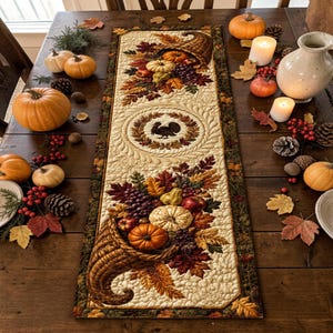 Peut inclure: Un chemin de table matelassé rectangulaire avec un fond crème, orné d'un motif circulaire central représentant une dinde entourée de feuilles d'automne. Deux cornes d'abondance remplies de citrouilles, de raisins et de feuillage décorent les extrémités.
