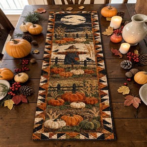 May include: A rectangular quilted table runner featuring a harvest theme with pumpkins, a scarecrow, and a full moon. The design includes a border of geometric triangles in shades of orange, brown, and black, printed on a fabric surface.