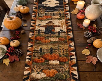 Camino de mesa acolchado con diseño de espantapájaros estilo granja, patchwork, decoración vintage de otoño para la cocina, centro de mesa rústico de otoño, regalo acogedor para inauguración de casa.