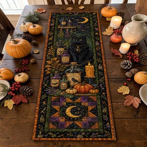 May include: A rectangular table runner featuring a dark, mystical print of a black cat, potion bottles, pumpkins, and a crescent moon. The design includes labels such as Moon Dust, Elixir Shadows, and Rat Wings, set against a deep green and black background with a geometric star pattern at the bottom.
