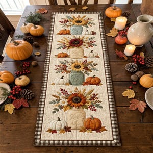May include: A rectangular fabric table runner featuring a repeating pattern of sunflowers in mason jars, pumpkins, and autumn foliage. The runner has a cream-colored background with a black and white checkered border and quilted texture.