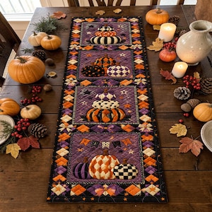 May include: A rectangular quilted table runner featuring four distinct panels with pumpkin motifs in shades of purple, orange, black, and white. The border consists of a diamond pattern in orange, purple, and black, accented with small star shapes.