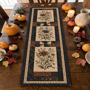 May include: A rectangular fabric table runner featuring a quilted design with three central panels displaying floral illustrations in shades of brown, blue, and cream, bordered by dark navy blue and rust-colored geometric and floral patterned fabric.
