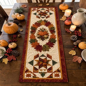 Pumpkin Wreath Star Quilted Table Runner Patchwork Quilt Country Fall Kitchen Decor Rustic Autumn Table Centerpiece Thanksgiving Gift New