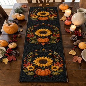 May include: A rectangular quilted table runner featuring a black background with three repeating circular motifs. Each motif displays a large yellow sunflower, a central orange pumpkin, and surrounding autumn leaves, berries, and foliage.