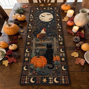 May include: A rectangular fabric table runner featuring a quilted scene of a rooster on a fence, a black cat, and pumpkins under a full moon. The border displays a repeating pattern of crescent moons and stars on a dark blue and plaid background.