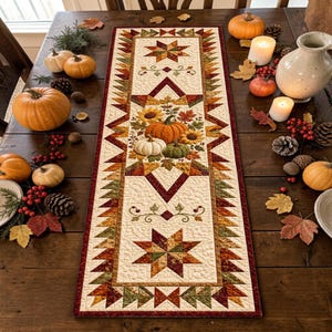 May include: A rectangular quilted table runner featuring a cream background with a central motif of pumpkins, sunflowers, and autumn leaves. The border displays a geometric star pattern in shades of orange, red, yellow, and green, with quilted textures.