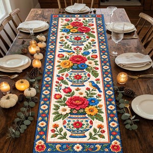 May include: A rectangular table runner featuring a cream-coloured centre with three ornate vases filled with vibrant red, yellow, and blue flowers, accented by small blue birds, all framed by a wide, intricate blue border with floral patterns.