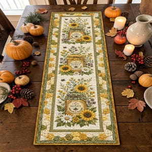 May include: A rectangular fabric table runner featuring a repeating pattern of three glass honey jars surrounded by sunflowers and wildflowers. The design includes the text Honey, Wildflower Honey, and Local Honey on a cream background with yellow borders.