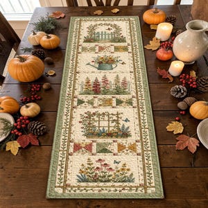 May include: A rectangular quilted table runner featuring a repeating pattern of garden scenes, including a white picket fence, a watering can with flowers, tall lupines, a wooden trellis with climbing vines, and colorful coneflowers with butterflies.