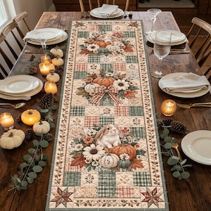 May include: A rectangular quilted table runner featuring a repeating pattern of rabbits, pumpkins, sunflowers, and autumn leaves in shades of green, orange, and cream. The design includes a checkered grid background and a decorative border with foliage.
