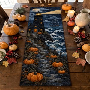 May include: A rectangular table runner featuring a dark, atmospheric illustration of a lighthouse on a rocky cliff at night, with a ship at sea, a stone path, and orange pumpkins scattered along the path, set on a wooden table with pumpkins.