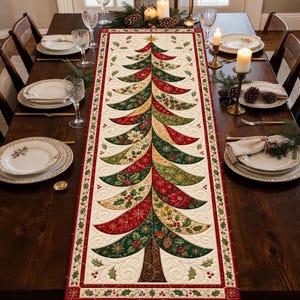 Runner da tavola trapuntato con motivo a patchwork di albero di Natale, design rosso, verde, oro e sempreverde, decorazioni natalizie con bacche di agrifoglio, centrotavola tradizionale