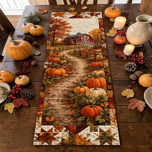 May include: A rectangular fabric table runner featuring a printed autumn landscape with a red barn, a winding stone path, and numerous orange pumpkins. The border displays a geometric star pattern in shades of brown, orange, and cream.