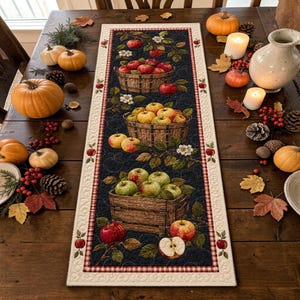 May include: A rectangular quilted table runner featuring a dark blue background with a repeating pattern of apples in woven baskets and wooden crates, surrounded by a cream-colored border with a red and white checkered trim and small apple motifs.