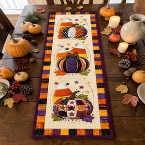 May include: A rectangular quilted table runner featuring three circular panels with appliqued pumpkins and candy corn motifs in orange, purple, black, and cream. The border consists of a patchwork pattern of orange, purple, and black squares.