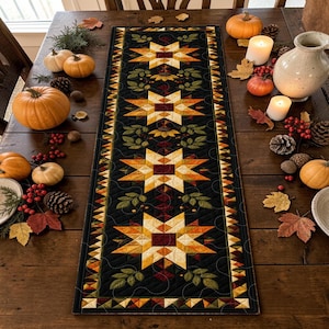 May include: A rectangular quilted table runner featuring a black background with a repeating pattern of four large yellow and orange stars, green leaves, and small red berries, bordered by a geometric triangle design in autumn colors.
