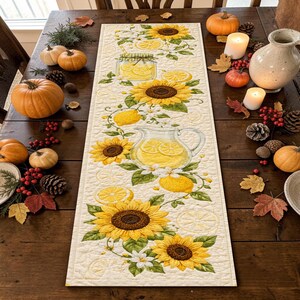 Sunflower Lemonade Quilted Table Runner, Cream Yellow Floral Patchwork Quilt, Lemon Kitchen Summer Farmhouse Home Decor Dining Centerpiece