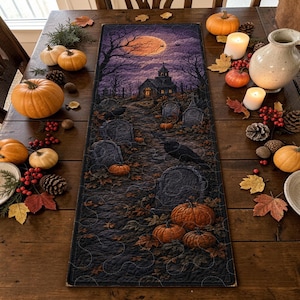 May include: A rectangular quilted table runner featuring a dark, atmospheric Halloween scene with a spooky church, gravestones, a large orange moon, and black crows, surrounded by scattered pumpkins, pinecones, and white pillar candles.