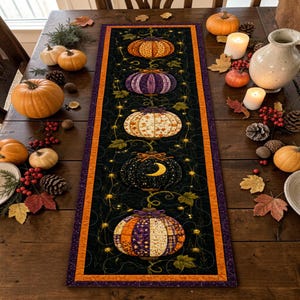 May include: A rectangular table runner featuring a black background with a vertical row of five quilted pumpkins in orange, purple, cream, and dark patterns, accented by green vines, small yellow lights, and a crescent moon on one pumpkin.