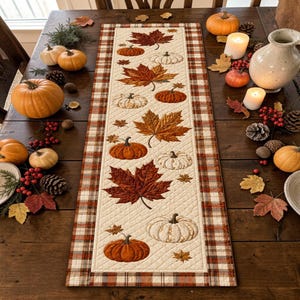 May include: A rectangular table runner featuring a cream-colored center panel with a quilted diamond pattern, decorated with printed orange and brown maple leaves and pumpkins, framed by a brown and white plaid border on all four sides.