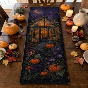 Peut inclure: Un chemin de table rectangulaire en tissu représentant une scène sombre et atmosphérique d'un belvédère illuminé la nuit, entouré de citrouilles, de fleurs violettes et de champignons. Le chemin présente des motifs de matelassage complexes.