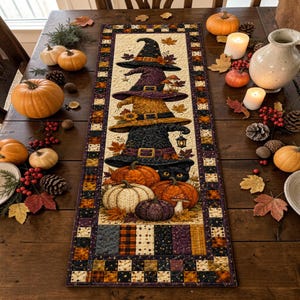 Stacked Witch Hats Quilted Table Runner, Black Cat Pumpkin Patchwork Quilt, Purple Orange Halloween Kitchen Home Decor Dining Centerpiece