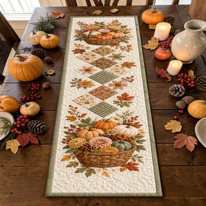 May include: A rectangular quilted table runner featuring a repeating pattern of woven baskets filled with pumpkins, gourds, and autumn flowers, separated by diamond-shaped blocks with floral and plaid prints in shades of orange, green, and cream.
