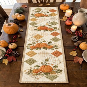 Puede incluir: Un camino de mesa acolchado rectangular con un patrón repetitivo de calabazas naranjas, enredaderas verdes y hojas de otoño, intercalado con parches en forma de diamante en estampados florales y de cuadros color crema, beige, naranja y verde.