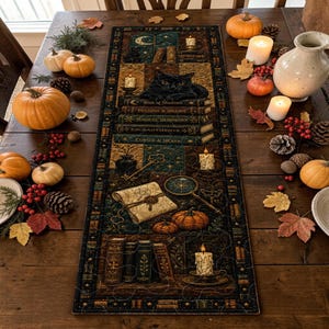 May include: A rectangular table runner featuring a dark, intricate illustration of a black cat resting on a stack of books titled Book of Shadows, Potions & Brews, Magical Herbology, Enchantments, and Curses & Hexes, with candles, a scroll, and a magnifying glass.