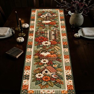 Könnte beinhalten: Ein rechteckiger, gesteppter Tischläufer mit einem Mittelteil, der herbstliche Motive wie Vogelhäuschen, Kürbisse, Körbe, Blumen und Vögel zeigt. Der Rand besteht aus einem Patchwork-Muster in den Farben Grün, Orange und Weiß.