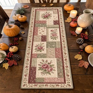 May include: A rectangular quilted table runner featuring a patchwork design of cream, sage green, and burgundy fabric panels. The runner is decorated with floral rose patterns and a continuous border of small flowers along the outer edges.
