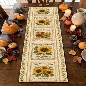 Vintage Sunflower Seed Packet Quilted Table Runner, Cream Yellow Patchwork Quilt, Farmhouse Garden Kitchen Home Decor Dining Centerpiece