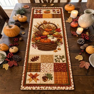 Puede incluir: Un camino de mesa rectangular de tela con un panel central acolchado que muestra una cesta de calabazas, maíz y hojas de otoño. El borde consta de cuadrados de patchwork en tonos naranja, marrón y crema, decorados con motivos de hojas.