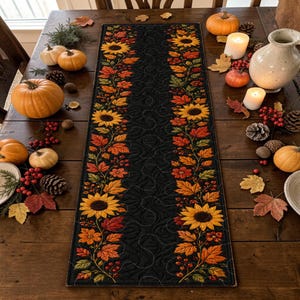 Peut inclure: Un chemin de table matelassé rectangulaire doté d'un panneau central noir avec un motif de surpiqûres en spirale, bordé de bandes verticales de tournesols éclatants, de feuilles d'automne orange et rouges, et de petites baies.