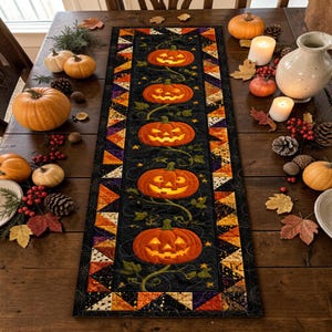 May include: A rectangular quilted table runner featuring a black centre panel with five orange jack-o'-lanterns connected by green vines and small yellow stars, bordered by a colourful geometric triangle pattern in orange, yellow, and purple.