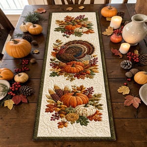 Puede incluir: Un camino de mesa rectangular de tela con fondo color crema, textura acolchada y borde verde oscuro. El diseño muestra tres arreglos otoñales repetidos con calabazas, maíz, hojas de otoño y un pavo.