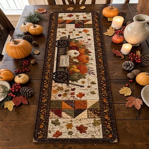 May include: A rectangular quilted table runner featuring a central illustration of a wooden wagon filled with pumpkins and autumn leaves, with the text "Thankful Harvest" on the wagon side, surrounded by a border of fall foliage and geometric patterns.