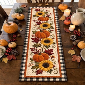 Sunflower Pumpkin Vine Quilted Table Runner Country Farmhouse Kitchen Decor Custom Housewarming Gift Autumn Fall Holiday Table Decoration