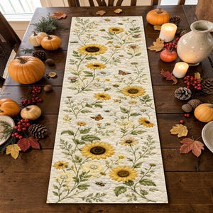 May include: A rectangular quilted table runner featuring a repeating pattern of yellow sunflowers, white daisies, green foliage, small bees, and orange butterflies on a cream-colored background, displayed on a dark wooden dining table.